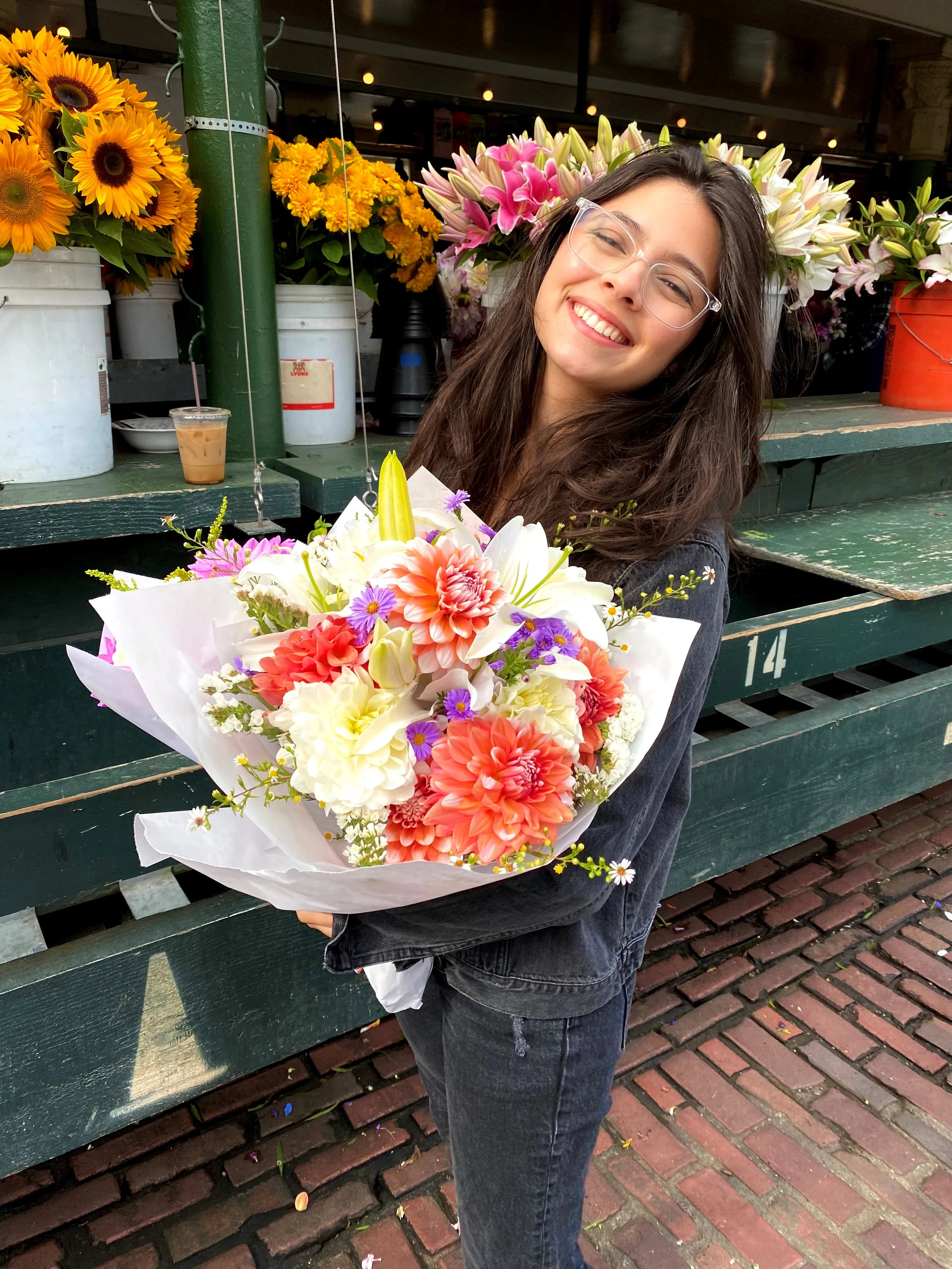 Victoria with a bouquet of flowers in Seattle